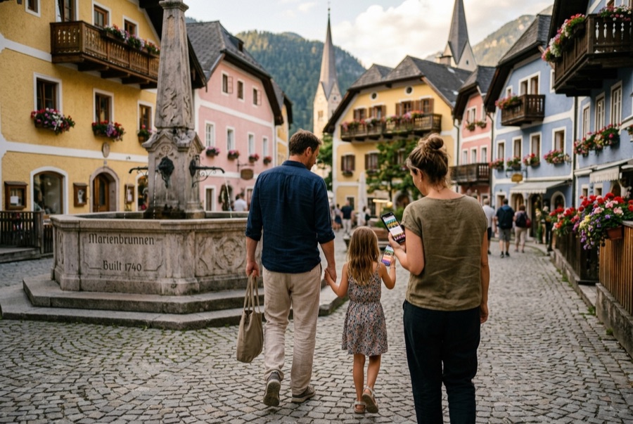 Familie spaziert mit Smartphone über einen österreichischen Dorfplatz