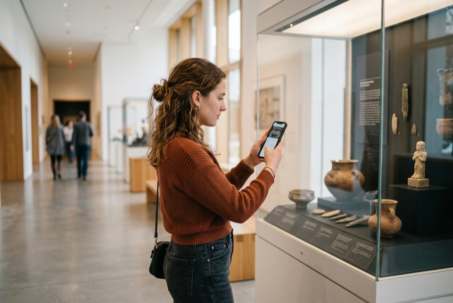 Besucherin nutzt ihr Smartphone vor einer Museumsvitrine