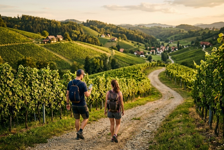 Paar wandert mit Smartphone durch Weinberge